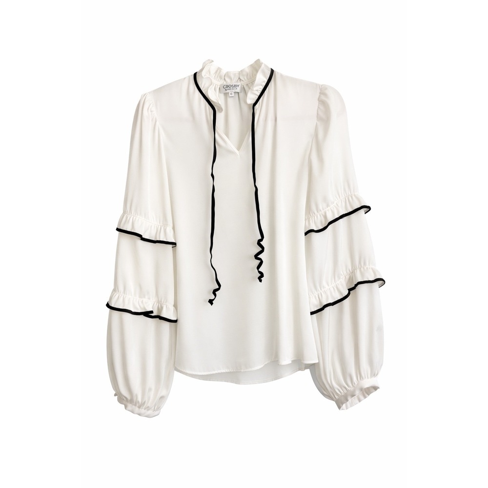 Crosby by Mollie Burch Cream & Black Ruffle Sleeve Top Size XS (Oversized Fit) - Picture 1 of 8